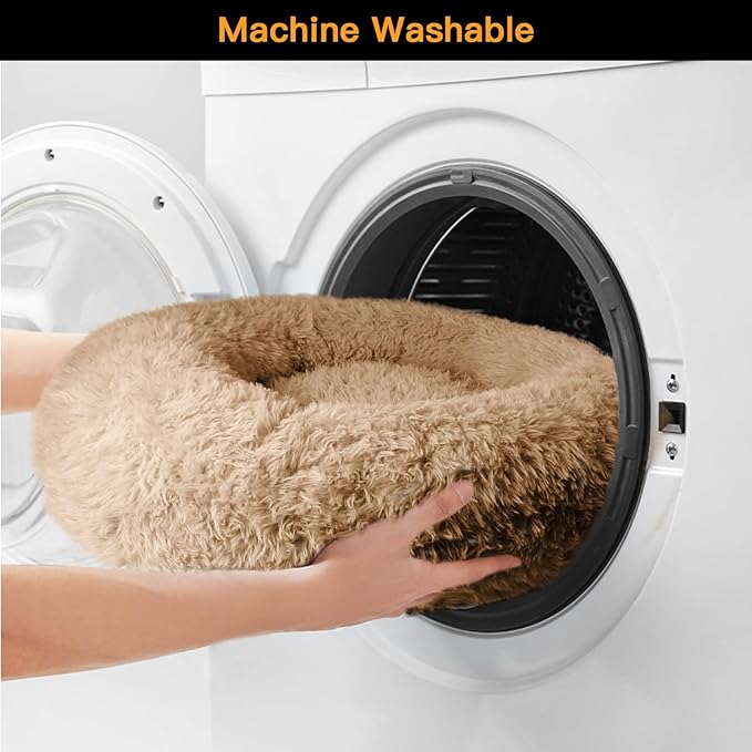 Calming Dog Beds for Large Dogs, Faux Fur Donut Cuddler Dog Bed, Round Fluffy Pillow, Washable Pet Bed for Dogs Up to 80Lbs, 36inch