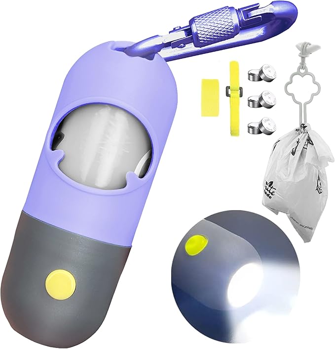 Dog Poop Bag Dispenser with Built-in LED Flashlight and Metal Clip for Leash, Pet Waste Bag Holder, Dog Walking Accessory (Purple)