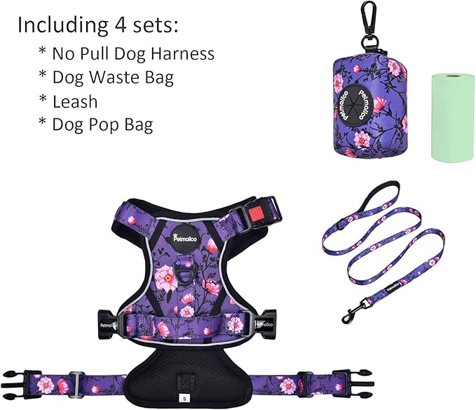 Petmolico No Pull Dog Harness Set with Leash Attachment Easy Control Handle Reflective Harness Vest Small Breed, Puppy Vest and Leash Set with Poop Bag Holder, Small - Purple Peach