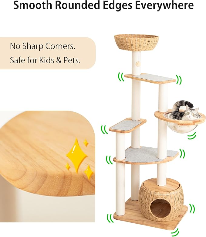 Wood Cat Tree for Large Cat, 63-Inch Tall Cat Tower with Scratching Post for Indoor Cats, Multi-Level Cat Condo with Hand-Woven Cat Bed and Acrylic Bowl Easy to Clean (White 81007s)