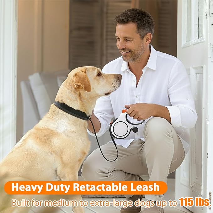26ft Retractable Dog Leash with Poop Bag Dispenser - Upgraded Lock System, Non-Slip Grip, Tangle-Free Design for Large & Medium Dogs - Perfect for Walking, Running, and Outdoor Training (White)