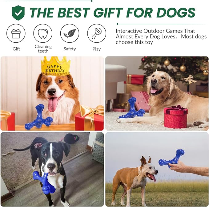 Dog Chew Toys for Aggressive Chewers Large Breed,Indestructible Bones Toy,Durable Cleaning Toothbrush Natural Rubber Dog Toys… (Deep Blue)