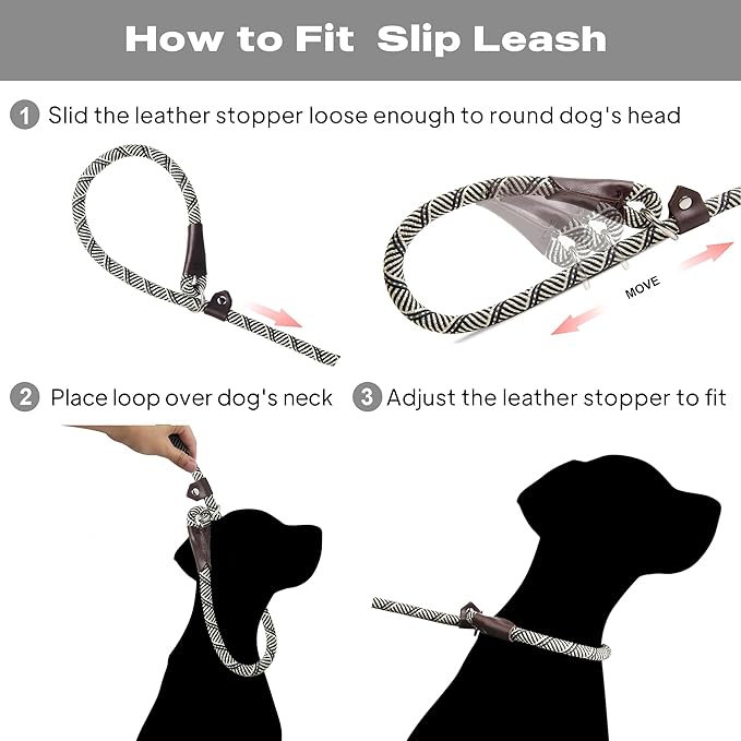 TwoEar Dog Slip Rope Leash - 6FT Heavy Duty Training Leash with Reflective Threads for Small to Large Dogs (Slim 3/8''x6ft, Grey)