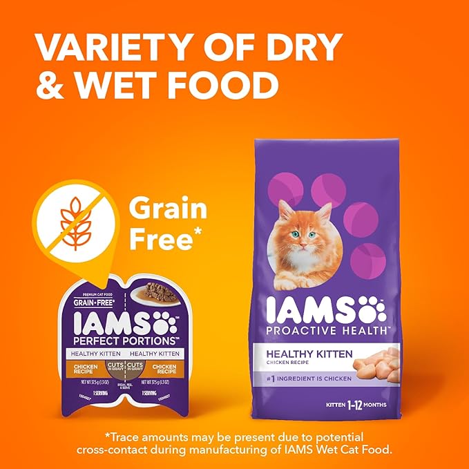 IAMS Perfect Portions Healthy Kitten Grain Free Wet Cat Food Cuts in Gravy, Chicken Recipe, 2.6 oz. Easy Peel Twin-Pack Trays (24 Count, 48 Servings)