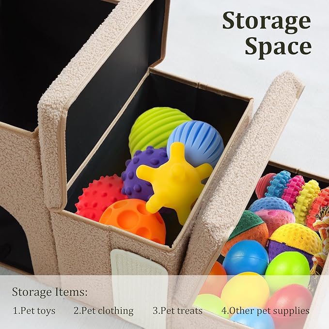 Dog Stairs with Storage and Condo,Cat Scratcher, 3-Step Sturdy Dog Steps for Small Medium or Large Older Dogs Cats, Folding Pet Stairs Climbing Sofas, high beds, Windows and Cars (Beige,16.7'' H)