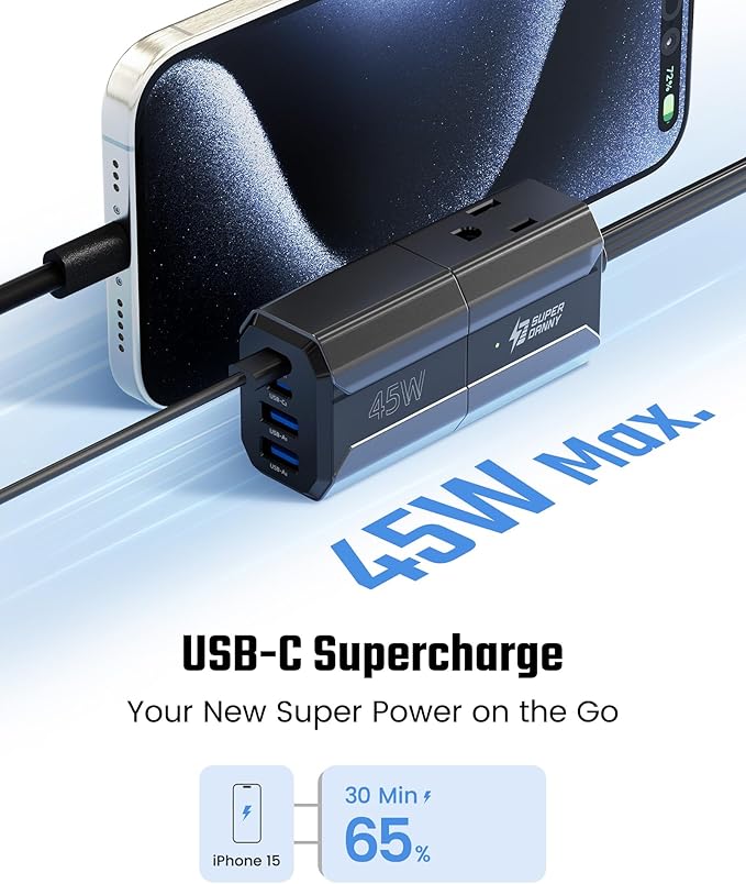 SUPERDANNY Detachable Power Strip, 45W USB-C & USB-A Fast Charge with 3 Outlets, 5ft Flat Plug Extension Cord, Portable for Cruise, Home, Black