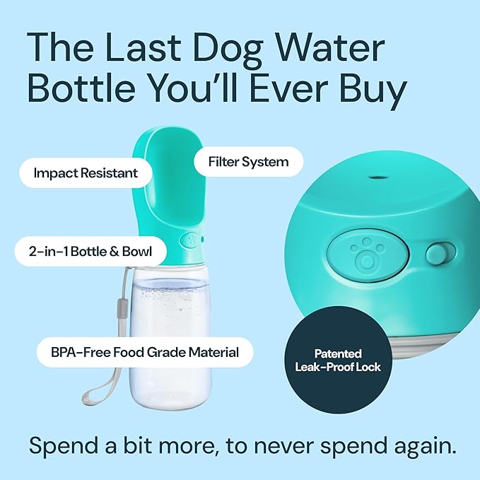 MalsiPree Dog Water Bottle Dispenser - 12 oz Blue - Leak-Proof Lock & One-Hand Operation - Dog Water Bowl Dispenser - Pet Travel Bottle with Built-in Bowl