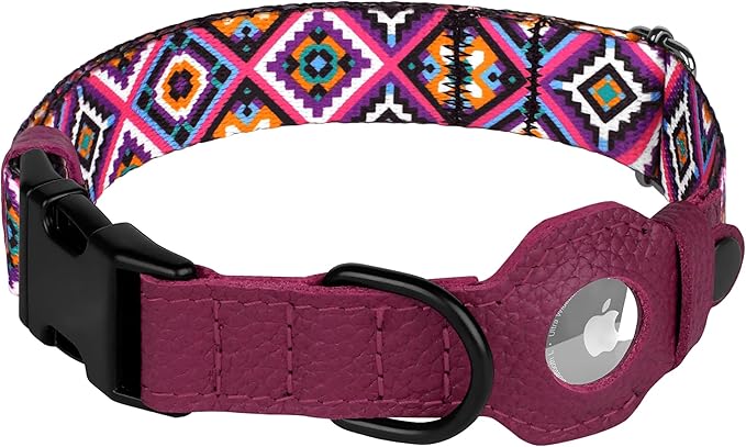 AirTag Dog Collar with Metal Buckle - Printed Nylon Soft Leather Dog Collar with Apple AirTag Holder - Secure Tracking GPS Pet Collars for Girl Boy Small Large Dogs (XL, 20"-25" Neck Fit, Aztec)