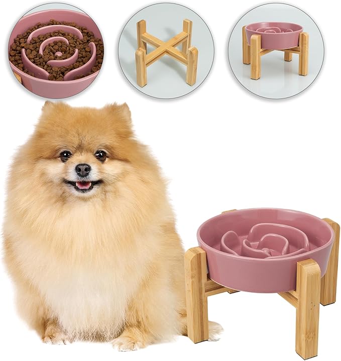 Elevated Slow Feeder Dog Bowl - Ceramic Maze Food Dish with Bamboo Stand - Raised Feeding Bowl for Fast Eaters - Ideal for Small and Medium Dogs - Pink - 6.7 inch