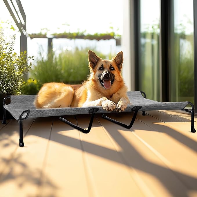 Veehoo Elevated Dog Bed, Raised Dog Cots for Large Dogs, Waterproof Outdoor Dogs Bed, Cooling Pet Hammock with Guardrail, Upgraded Non-Slip Feet, Breathable Teslin Mesh, Black Silver, 59x 37 inches