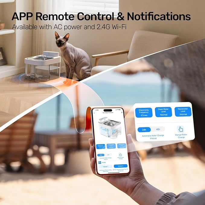 Cat Water Fountain, No Filter Cotton, App Monitoring Wastewater Separation Pet Water Fountain, 5000mAh Battery & Plug-in, 3L/101oz Wireless Automatic Water Dispenser for Cats Indoor, 2.4G Wi-Fi