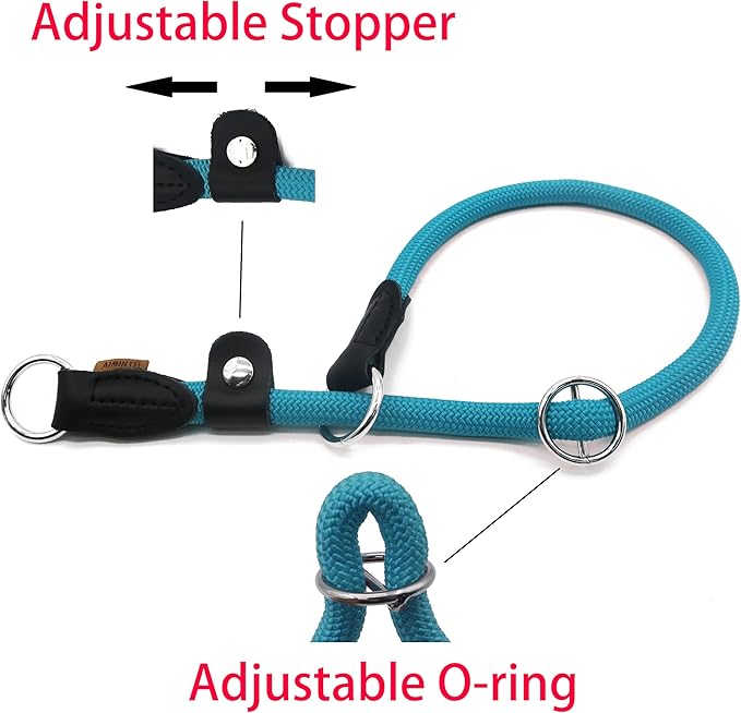 Braided Round Martingale Dog Collar, Training Collar with Slidable Stop Ring and Adjustable Stopper - Ideal for Extra Large Dogs (XL(1/2") - 24" Long, Light Blue)