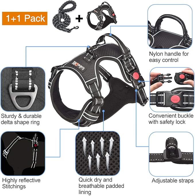 No Pull Dog Harness Adjustable Reflective Oxford Easy Control Medium Large Dog Harness with A Free Heavy Duty 5ft Dog Leash (S (Neck: 13"-18", Chest: 17.5"-22"), Black Harness+Leash)