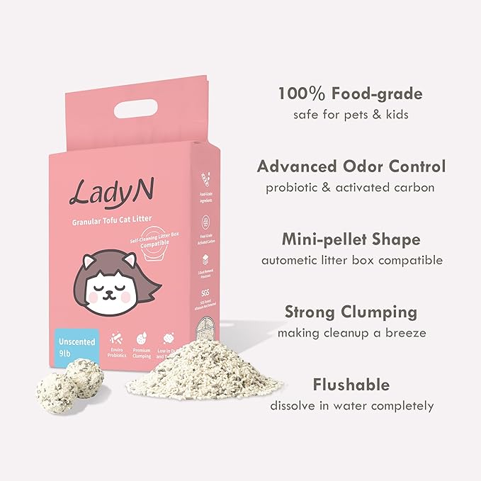 Lady N Granular Tofu Cat Litter Mini-Pellet Compatible with Automatic Self Cleaning Cat Litter Box, Strong Clumping Ultra Absorbent, Low Tracking, Odor Control Activated Charcoal 9lb