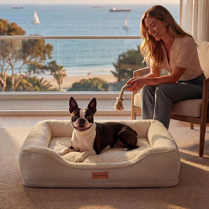 Cooling Dog Beds for Large Dogs with Removable Faux Fur Washable Covers,Waterproof Orthopedic Pet Couch Bed with Cool Gel Memory Foam and Bolster Side for Senior Pets,36" x 27" x 6.5" Beige