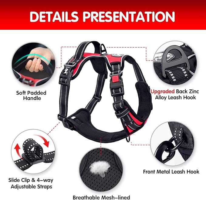 PoyPet Dog Harness and Leash Combo, Escape Proof No Pull Vest Harness, with 5 Feet Leash, Reflective Adjustable Soft Padded Pet Harness with Handle for Small to Large Dogs(Red,M)