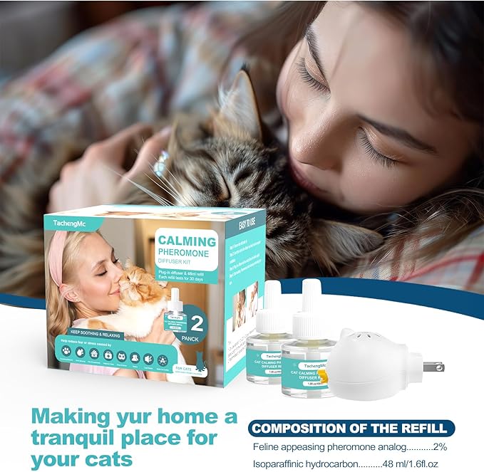 Cat Calming Diffuser, Cat Pheromones Calming Diffuser with 1 Diffuser + 2 Refills 48ml, Cat Anxiety Relief Cat Pheromone Diffuser Kit 60 Days, Pheromone Diffuser to Calm Cats