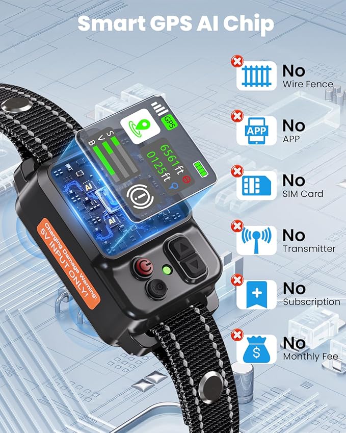 GPS Wireless Dog Fence, Electric Fence Collar for Dogs, Circular Containment System, Radius Range 49-6561 ft, Adjustable Training Measures, Rechargeable, Waterproof | for Outdoor Use Only