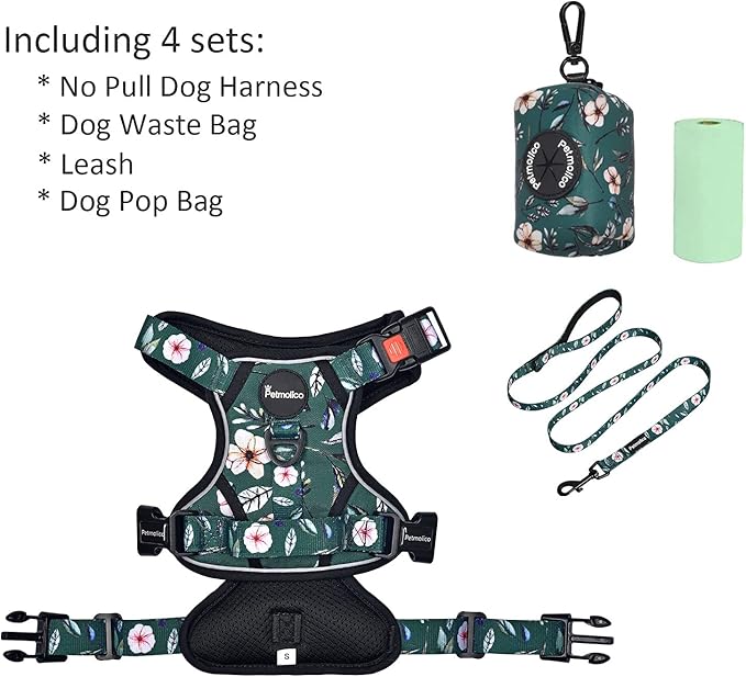 Petmolico No Pull Dog Harness Set with Leash Attachment Easy Control Handle Reflective Harness Vest Small Breed, Puppy Vest and Leash Set with Poop Bag Holder, Small - Green Rhododendron