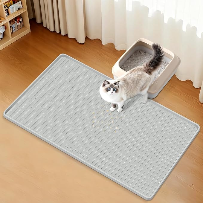Silicone Cat Litter Mat, 28" x 22" Large Cat Litter Box Mat Litter Trapping Mat for Scatter Control, Waterproof, Soft on Kitty Paws, Clean Floor (Grey)