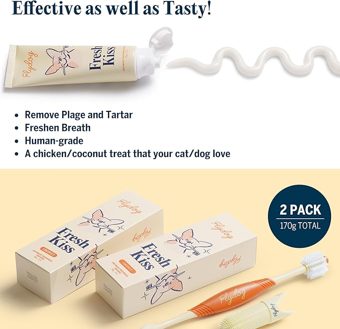 FlyDog Fresh Kiss Dog Tooth Brushing Kit - Vet Approved Formula, Enzymatic Dog Toothpaste and Brush - Breath Freshener & Tartar Remover, 360° Toothbrush & Finger Brush, Dental Guide, Coconut Flavor