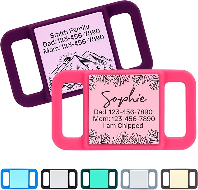 Silent Dog Tag, Personalized Engraved Tracker Case for Pet Collar, Quiet Slide On Tags for Collars