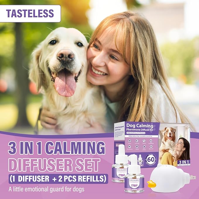Dog Pheromones Calming Diffuser 3 in 1 Advanced Kit Appeasing Pheromone Diffuser to Calm Pet (1 Plug in+2x48ml Refill) for Anxiety Relieve Relief Reduce Aggression Fighting Stress (Tasteless)