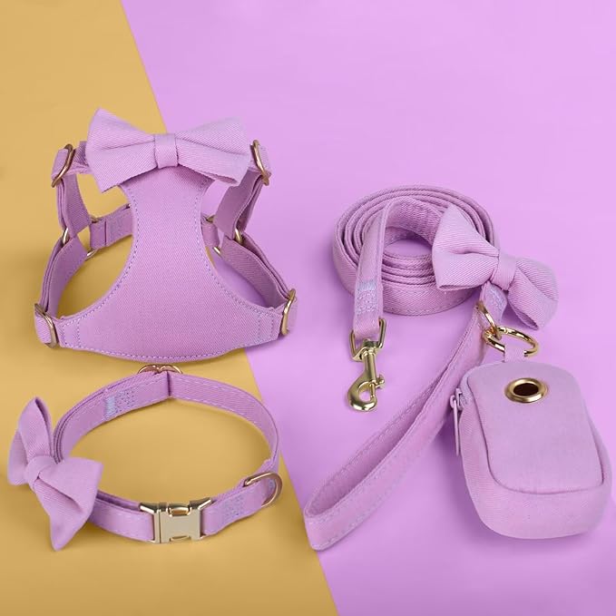 Beirui Cute Small Dog Harness Set with Three Detachable Bows, Adjustable Step in Dog Harness Collar and Leash Set with Secure Metal Buckle for Daily Walking, Parties & Holiday Outfits(Purple,S)