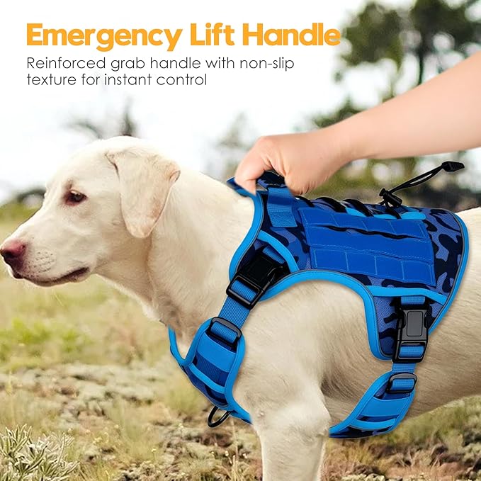 Heavy-Duty Tactical Dog Harness for Large Dogs, No Pull Adjustable Reflective Pet Vest with Molle System, K9 Military-Grade Control for Service Training, Outdoor & 10+ Breeds, Blue Camo, Large