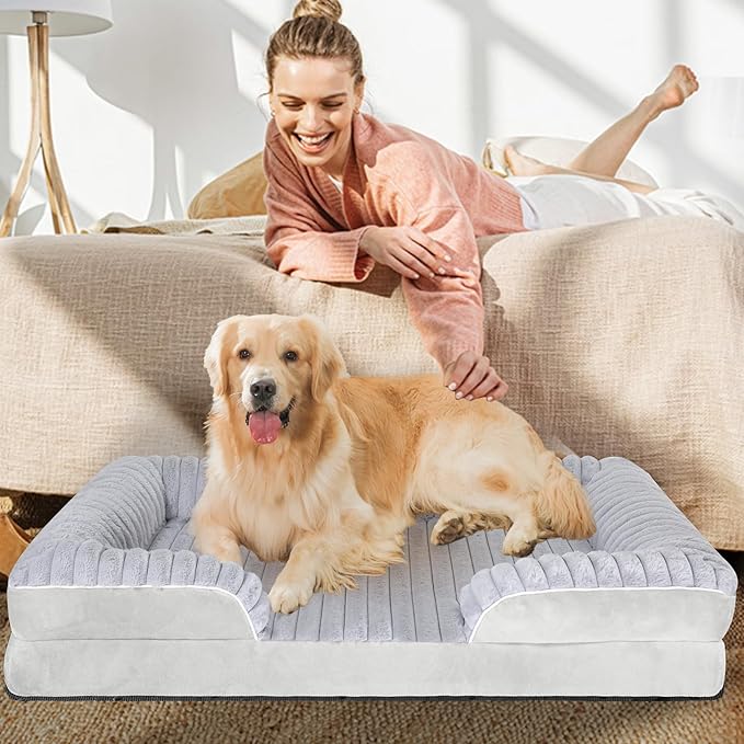 Orthopedic Dog Bed for Large Medium Sized, Washable Memory Foam Large Dog Bed Premium Soft Corduroy Fleece, Durable Medium Pet Sofa with Removable Cover, Washable Waterproof Pet Couch Beds(Grey, XXL)