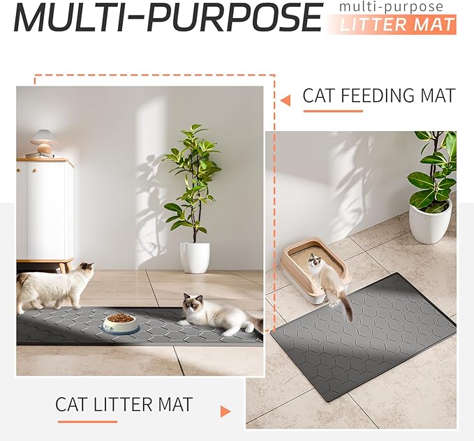 Large Silicone Cat Litter Mat, Waterproof/Urineproof, Litter Recycling, Easy to Clean, Soft on Kitty Paws (22"X34"-Dark Grey)