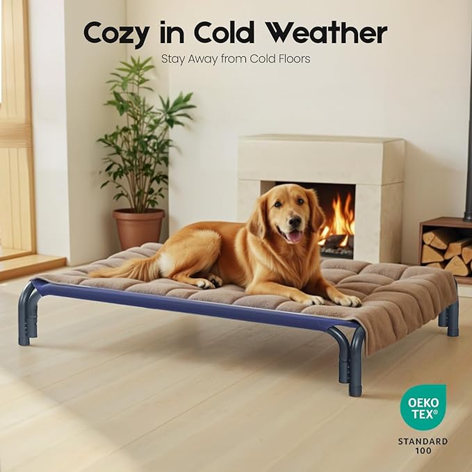 Elevated Dog Bed Raised Outdoor Dog Cot for Extra Large Dogs, Installation Requires No Tools, Frame with Washable Cooling Breathable Mesh Anti-Slip Feet, Indoor Pet Bed, Blue, 48.8 Inches