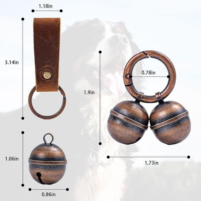 Loud Dog Collar Bells, Durable Pet Bells Tracker for Large Dogs, 4 Copper ells and 2 Leather Button Strap for Outdoor Safety, Pet Tracking, Hiking, Walking