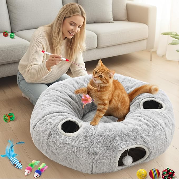 4-Holes Cat Tunnel Bed for Indoor Cats, Plush Donut Play Tunnel with Removable Cushion, Cats Hideout Play Bed with 11 Cat Toys, Cozy Round Cat Cave for Multiple Cats, Kitten/Puppy/Rabbit(Grey)