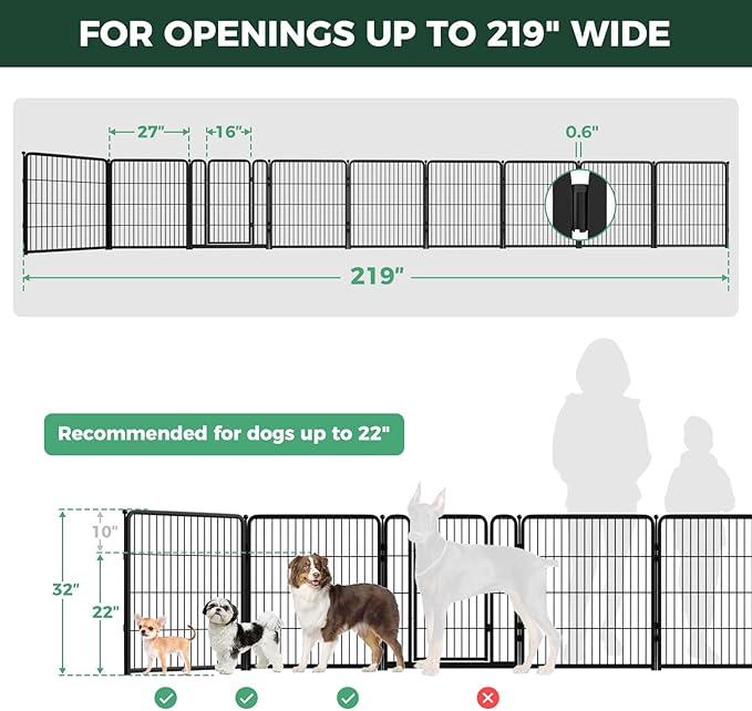 FXW Dog Gate Extra Wide Designed for Indoor Use, Adjustable Width Up to 219-inch Wide (32" H 8 Wire Panels for Small and Medium Dogs), Black