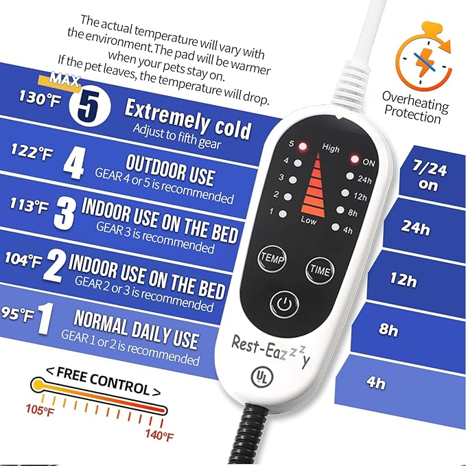 Rest-Eazzzy Heated Cat Bed with Removable Cover, 5 Level Timer & Temperature, Indoor Warming Mat for Cats & Dogs (Heat Pad, Pure-Grey, L)