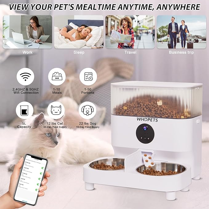 Automatic Cat Feeders, WHDPETS 5G WiFi Cat Food Dispenser with 1080P Camera for 2 Cats & Dogs, 5L Pet Feeder with Feeding Mat, APP Control, 2-Way Audio,Dual Power Supply
