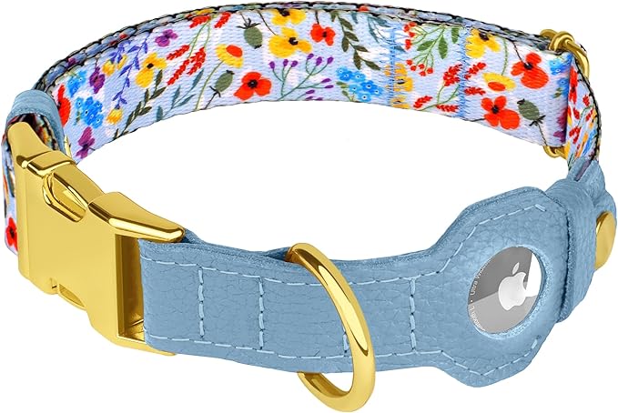 AirTag Dog Collar for Small Medium Large Breed - Adjustable Cute Pattern Dog Collar with Airtag Holder - Soft Leather Tracker GPS Apple Air Tag Pet Collars (Medium, 14"-18" Neck Fit, Floral)