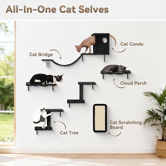 6-in-1 Cat Wall Shelves, Wall-Mounted Cat Furniture for Indoor Kittens, Modern Floating Shelves with Scratching Posts, Bed, Perch, Bridge, Condo, Steps and Scratcher, Space-Saving Gym, Black