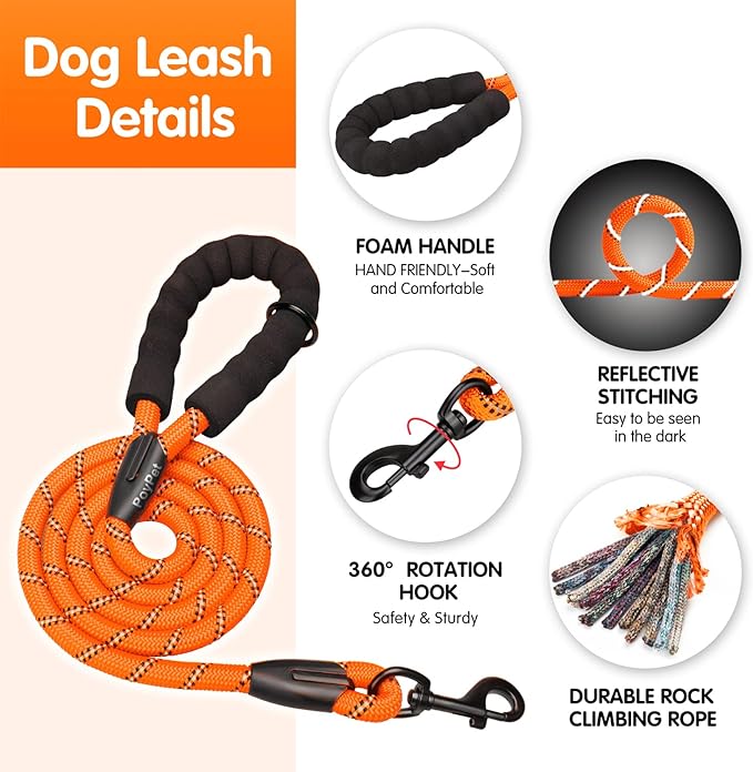 PoyPet No Pull Dog Harness and 5 Feet Leash Set, Release on Neck Reflective Adjustable Pet Vest, Front & Back 2 D-Ring and Soft Padded Pet Harness with Handle for Small to Large Dogs(Orange,L)