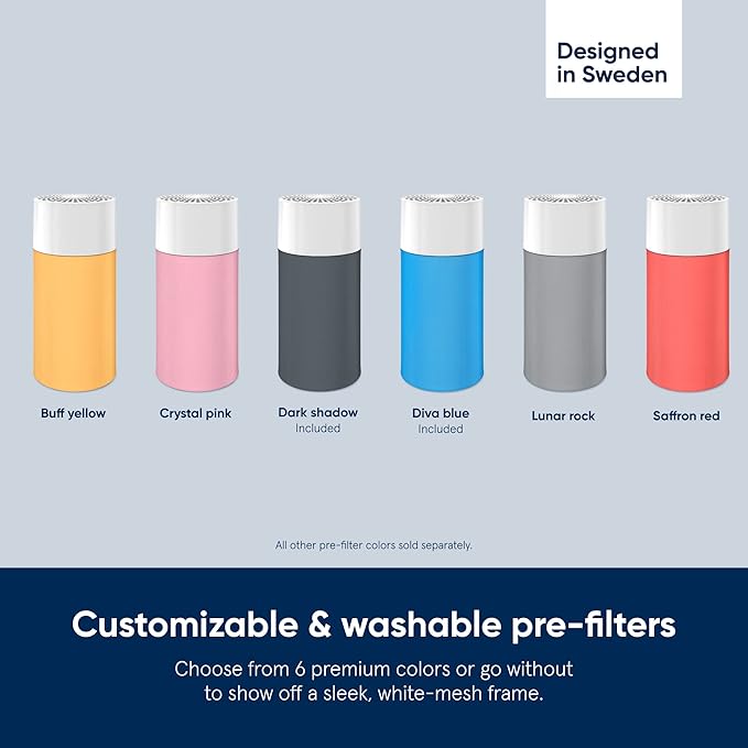 BLUEAIR Bedroom Air Purifier, Small Room Air Cleaner Dust Pet Dander Smoke Pollen Allergen, Odor Removal, for Home Office Nursery, 2 Washable Pre Filters, HEPASilent, Blue 411 (Non-Auto)