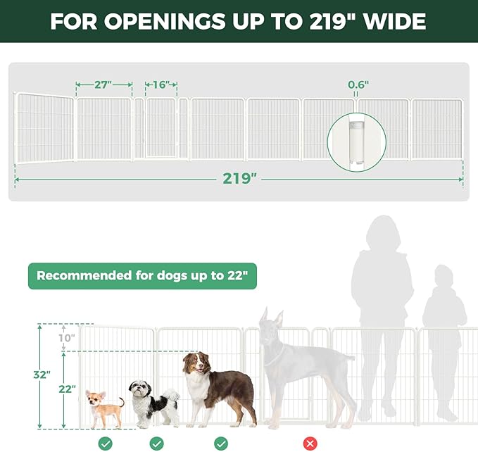 FXW Dog Gate Extra Wide Designed for Indoor Use, Adjustable Width Up to 219-inch Wide (32" H 8 Wire Panels for Small and Medium Dogs), White