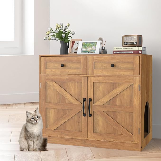 Cat Litter Box Enclosure Furniture Ultra-Large Wooden Hidden Litter Box,2-Door Storage Cabinet, 2 Drawers, 1 Air Vents,Litter Box Furniture Fit Most of Litter Box.