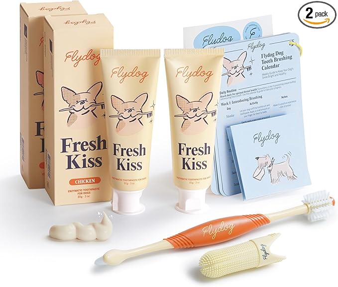 FlyDog Fresh Kiss Dog Tooth Brushing Kit - Vet Approved Formula, Enzymatic Dog Toothpaste and Brush - Breath Freshener & Tartar Remover, 360° Toothbrush & Finger Brush, Dental Guide, Chicken Flavor