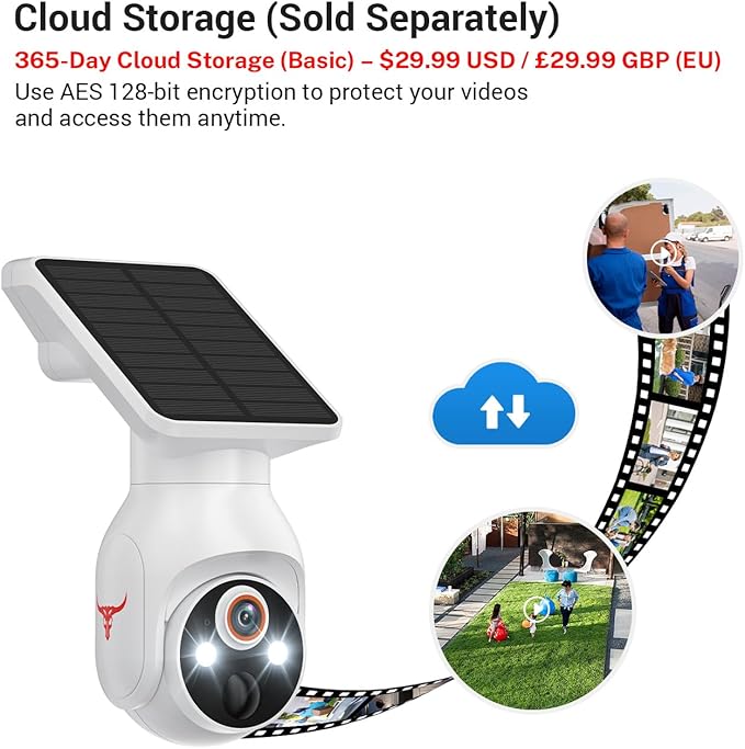 1080p Security Camera with Solar Panel, Smart AI Motion Detection, Night Vision, 2-Way Talk, IP65, Cloud Storage (Sold Separately), Indoor/Outdoor Surveillance Bullet Cam, 2.4GHz WiFi Only