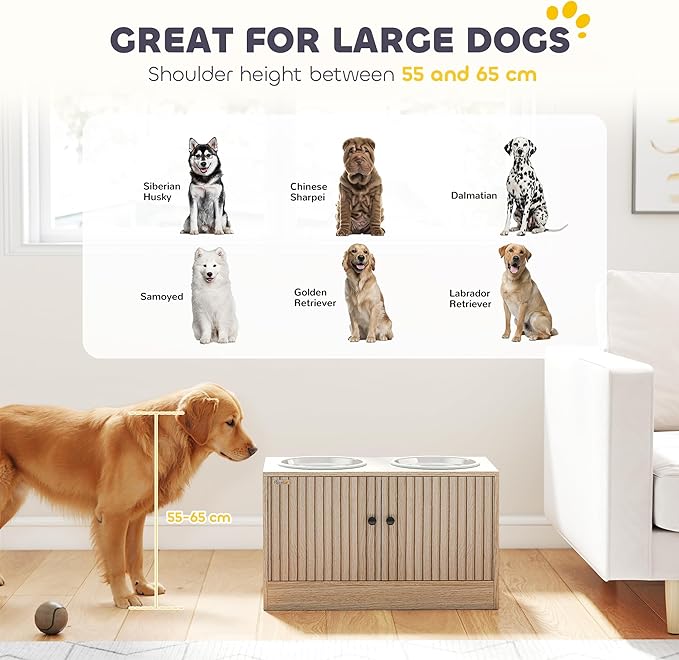 PawHut Elevated Dog Bowls with Storage Cabinet, Raised Dog Bowl Stand, Pet Feeding Station with Slow Feeder & Non-Slip, for Large Pets, Oak