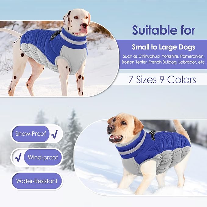 AOFITEE Dog Coat, Warm Dog Jackets for Large Dogs, Reflective Turtleneck Dogs Winter Coat with Harness Built in, Waterproof Windproof Pet Snow Jacket Fleece Vest for Cold Weather, Blue XXL