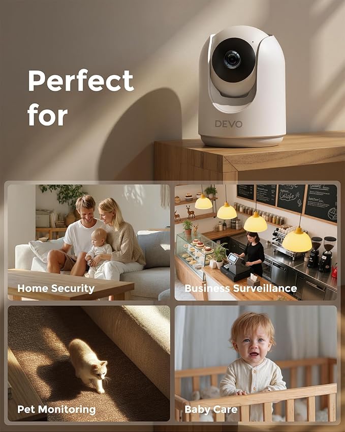 Devo Indoor Smart Cameras for Home Security 2K, 355° Pan-Tilt Human Pet Dog Baby Monitor Camera with Phone App, WiFi Motion Detection, 2-Way Audio, Color Night Vision 256GB SD Card & Cloud White