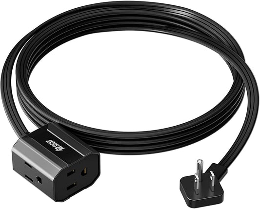 Extension Cord 10ft SUPERDANNY Mini Power Strip Ultra Right Angled Flat Plug for Tight Spaces,Indoor Extension with 3 Outlets,for Office Home Appliances,Non Surge Protector for Travel Cruise,Black