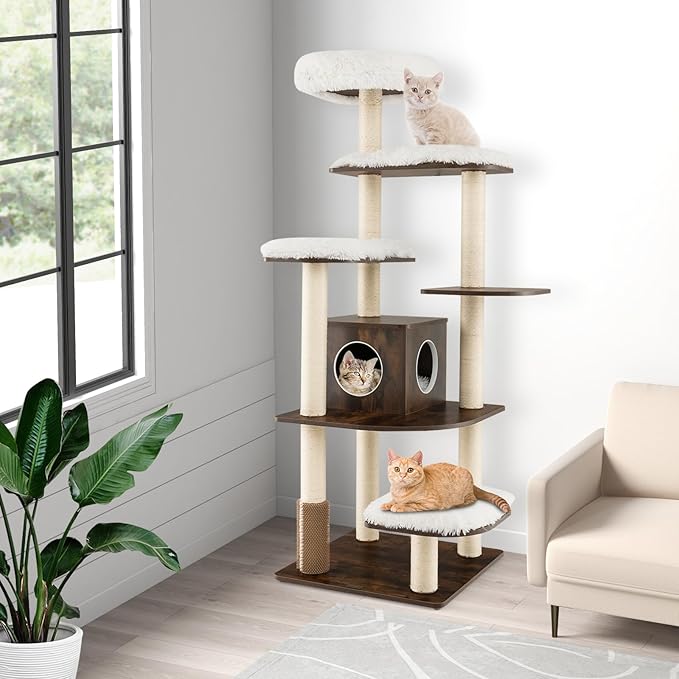 PETSITE Tall Cat Tree for Indoor Cats, 71 Inches Multi-Level Modern Cat Tower with Plush Perch, Cozy Condo, Platforms, Sisal Scratching Posts, EVA Massage Comb & Removable Cushions (Brown)